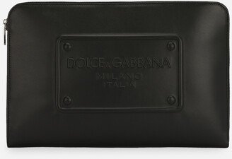 Large calfskin pouch with raised logo