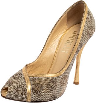 Beige Canvas Monogram Peep Toe Pumps Size 38