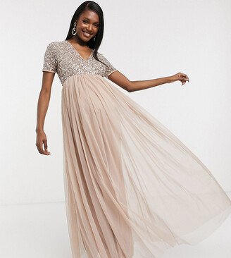 Bridesmaid short sleeve maxi tulle dress with tonal delicate sequins in muted blush-AA