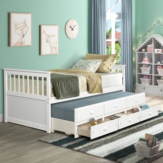 Calnod Twin Size Captain's Daybed with Twin Trundle and 3 Storage Drawers, Supported by Solid Wood Slats