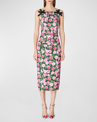 Rose-Print Bow Strap Midi Dress