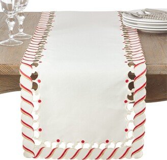 Saro Lifestyle Candy Cane Stripe Border Christmas Holiday Table Runner, Ivory,