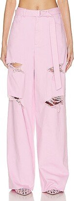 Stretch Cotton Twill Distressed High Waist Jean in Pink