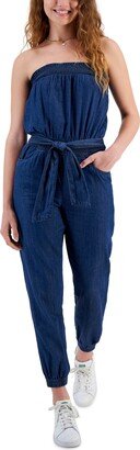 Juniors' Denim Strapless Smocked Jumpsuit