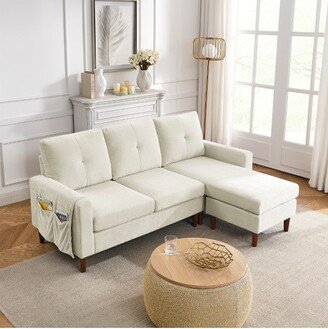 80 Convertible L-Shaped Sectional Sofa with Rubberwood Legs, Removable Cushions and Pockets, Beige Chenille