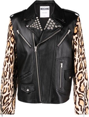 Leopard-Print Leather Biker Jacket