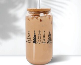 Christmas Tree Clear Glass Cup, Christmas Iced Coffee With Lid & Straw, Beer Can Glasses