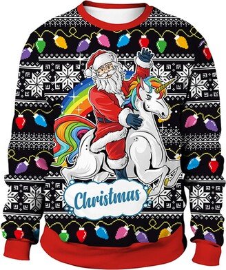 Aunaeyw Unisex 3D Ugly 2023 Christmas Sweatshirt Men Women Novelty Printing Reindeer Bell Crew Neck Sweatshirt (Black Santa Claus