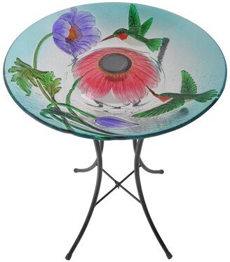 Outdoor 18-Inch Hand Painted Hummingbird Fusion Glass Solar Bird Bath