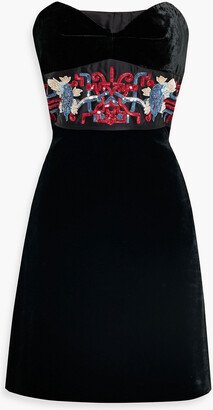 Strapless embellished satin and velvet mini dress