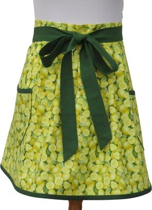 Women's Green & Yellow Lemons Half Apron, With A Pleated Front & Two Pockets