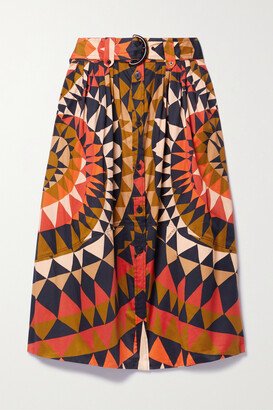 Belted Pleated Printed Cotton-blend Poplin Midi Skirt - Multi