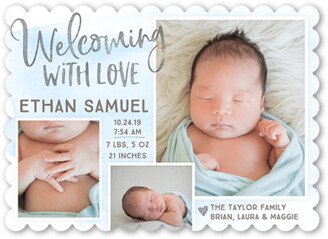 Birth Announcements: Welcoming Wash Boy Birth Announcement, Blue, 5X7, Pearl Shimmer Cardstock, Scallop