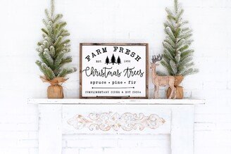 Farm Fresh Christmas Trees Wall Decor Farmhouse Rustic Holiday Sign Framed Wood Hanging Complimentary Hot Cocoa & Cider