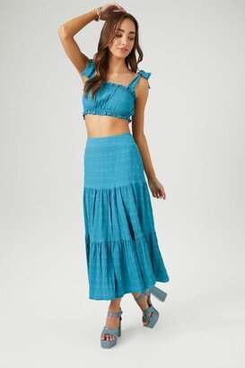 Women's Smocked Crop Top & Midi Skirt Set in Teal Large