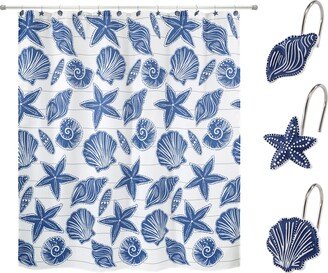 Ibiza Shells Hand-Painted 13-Pc. Shower Curtain & Hooks Set - White, Blue