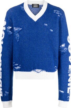 V-neck distressed-effect jumper