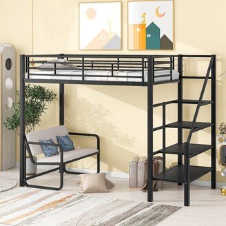 CTEX Twin Size Metal Loft Bed with Bench and Storage Staircase, Black