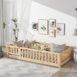 Twin size Floor Platform Bed with Fence and Door for kids, toddlers