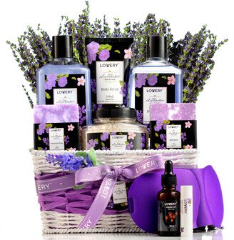 Lovery Lavender & Lilac Spa Gift Basket with Sleep Mask - Bath and Body Self Care Package for Men and Women