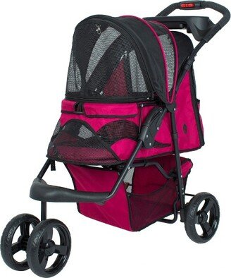 Durable Folding 3-Wheel Pet Stroller for Dogs & Cats with Mesh Sides, Storage Pockets, Cupholders, and Washable Pad Razzberry