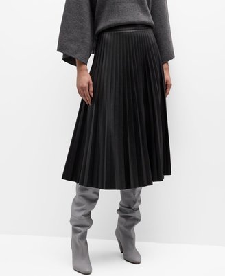 Pleated Vegan Leather Midi Skirt-AB