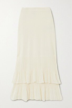 Ribbed Pleated Cotton-blend Midi Skirt - Cream