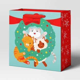 Large Square Cats in Christmas Wreath Gift Bag Green - Wondershop™