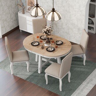 EDWINRAY 5-Piece Dining Table Set, Round Extendable Table and 4 Upholstered Chairs