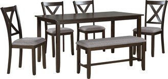 6-Piece Kitchen Dining Table Set with 4 Fabric Chairs and One Bench