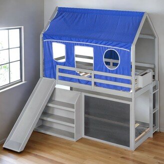 IGEMAN Twin over Twin House Bunk Bed with Blue Tent, Slide, Shelves and Blackboard