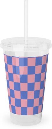 Travel Mugs: Fun Checkers - Pink And Purple Acrylic Tumbler With Straw, 16Oz, Pink