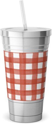 Travel Mugs: Red Watercolor Gingham Stainless Tumbler With Straw, 18Oz, Red