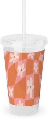 Travel Mugs: Trippy Chamomile - Floral - Orange And Pink Acrylic Tumbler With Straw, 16Oz, Orange