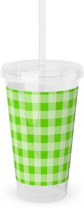 Travel Mugs: Gingham Checker - Green Acrylic Tumbler With Straw, 16Oz, Green