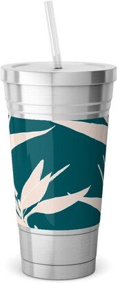 Travel Mugs: Freehand Birds Of Paradies - Forest And Peach Stainless Tumbler With Straw, 18Oz, Green