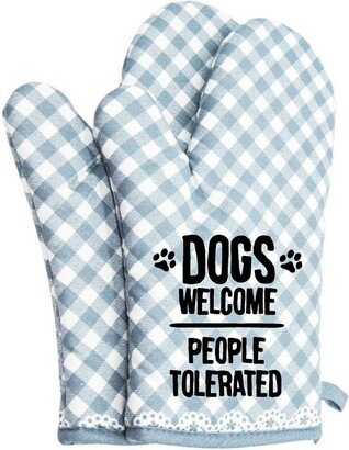 Dogs Welcome People Tolerated Funny Oven Mitts Cute Pair Kitchen Potholders Gloves Cooking Baking Grilling Non Slip Cotton