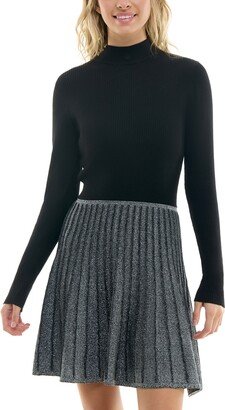 Juniors' Mock-Neck Pleat-Skirt Fit & Flare Sweater Dress