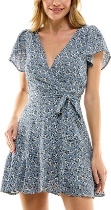 Juniors' Floral-Print Flutter-Sleeve Fit & Flare Dress - Beige/blue