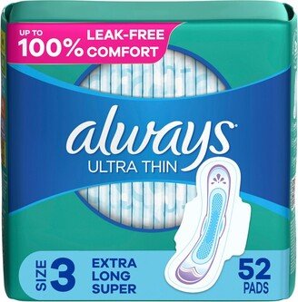 Always Ultra Thin Pads Extra Super Long Absorbency Unscented with Wings - Size 3 - Size 3 - 52ct