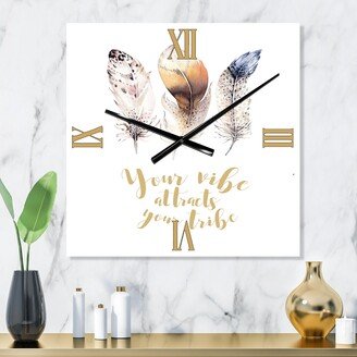 Designart 'Multicolored Ethnic Feathers With Inspiring Quote' Bohemian & Eclectic Metal Wall Clock