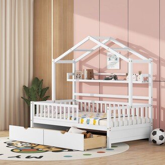 DECO Wooden Twin Size House Bed with 2 Drawers,Kids Bed with Storage Shelf