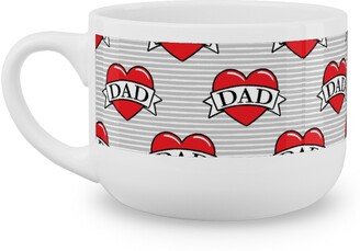 Mugs: Dad Heart Tattoo - Red On Grey Stripes Latte Mug, White, 25Oz, Red