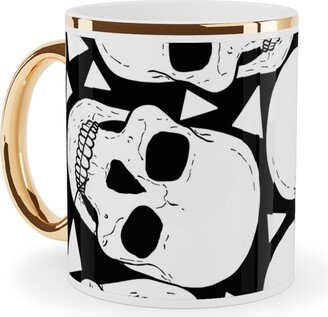 Mugs: Skulls With Triangles - Black And White Ceramic Mug, Gold Handle, 11Oz, White