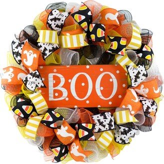 Candy Corn Halloween Door Wreaths, Orange Boo Mesh Wreath; Black White Yellow