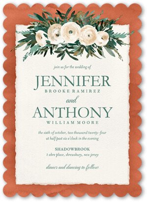 Wedding Invitations: Rustic Borders Wedding Invitation, Orange, 5X7, Pearl Shimmer Cardstock, Scallop