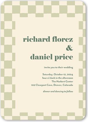 Wedding Invitations: Checkerboard Chapel Wedding Invitation, Green, 5X7, Matte, Signature Smooth Cardstock, Rounded