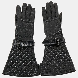 Black Quilted Glossy Leather Buckle Gloves