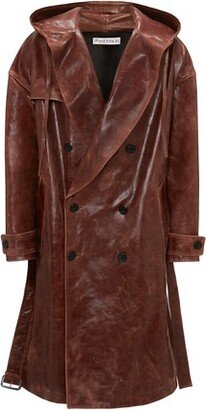 Hooded leather trench coat