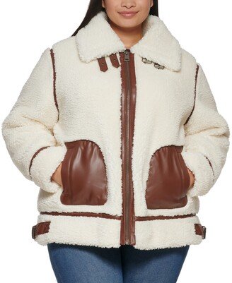 Plus Size Faux-Sherpa Moto Coat - Cream/Potting Soil